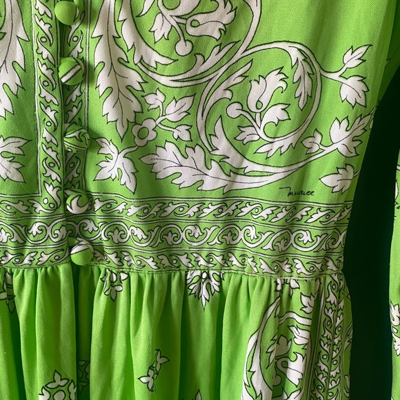 Vintage 70s Dress Printed Nylon Floral Signed Green Maurice by C. Rizza Medium - Picture 5 of 6